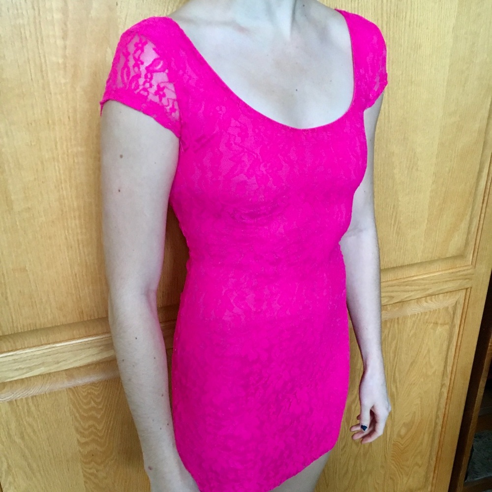 Women Hot Pink Lace Bodycon Dress